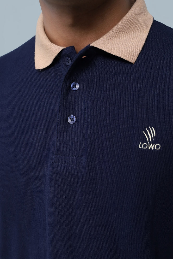 LOWO Premium Cotton Polo Shirt - Navy & Beige Trim