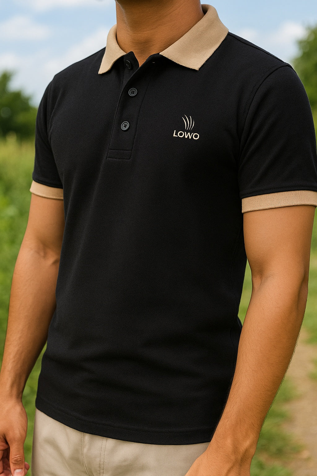LOWO Premium Cotton Polo Shirt - Black & Beige Trim