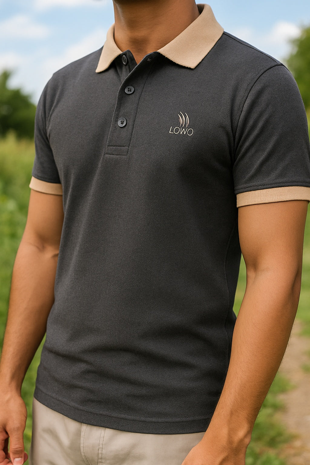 LOWO Premium Cotton Polo Shirt - Gray & Beige Trim