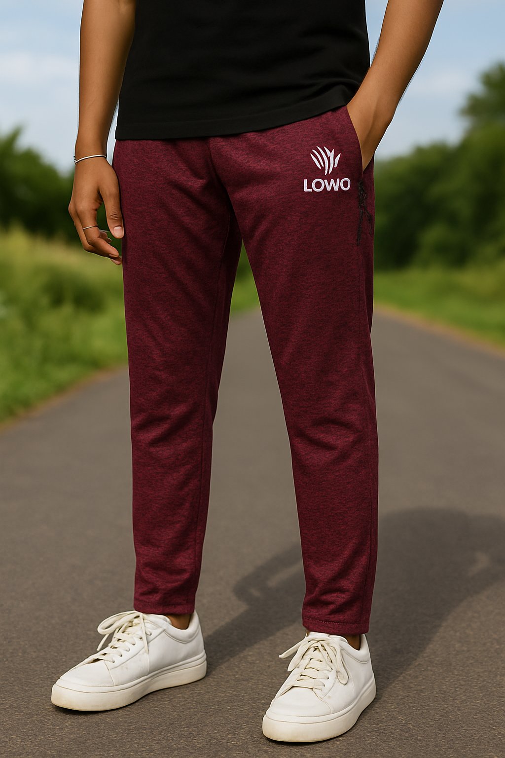 LOWO Maroon Melange Stretch Trousers – Soft Feel, Sporty Fit