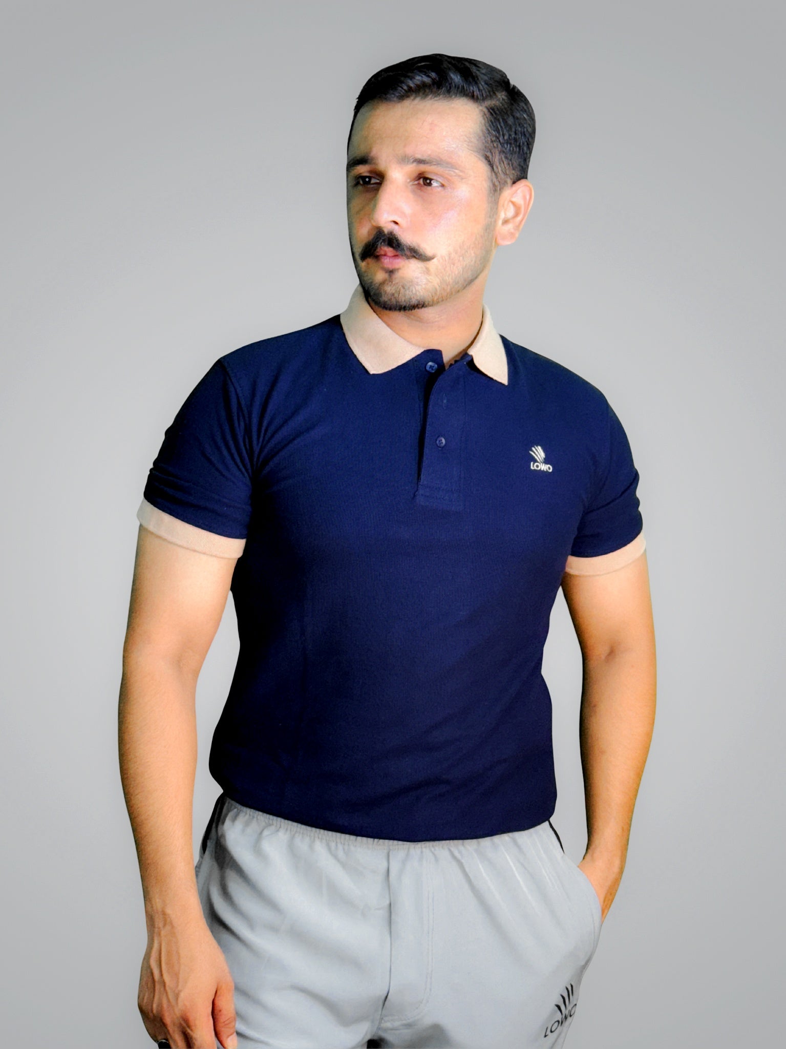 LOWO Premium Cotton Polo Shirt - Navy & Beige Trim